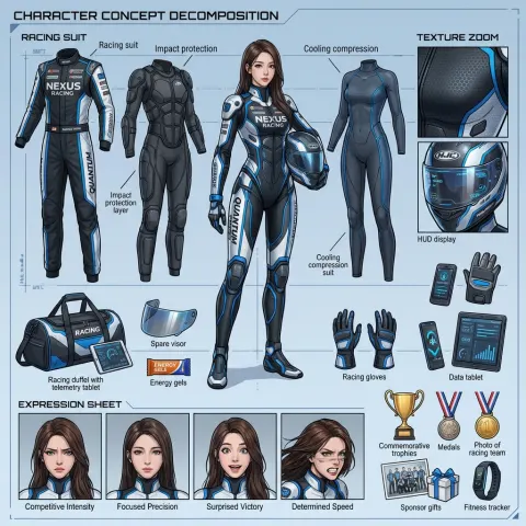Futuristic Racing Pilot Character Concept Sheet
