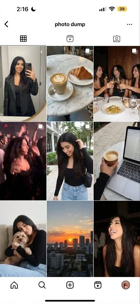 Generate a 9-image ‘photo dump’ grid of this person’s weekend