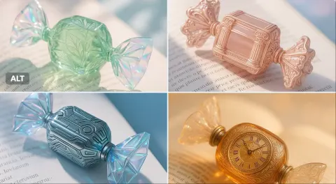 Glossy Candy-shaped Perfume Bottle on an Open Book, Soft Morning Light, Delicate Shadows, Dreamy Bokeh Backgro