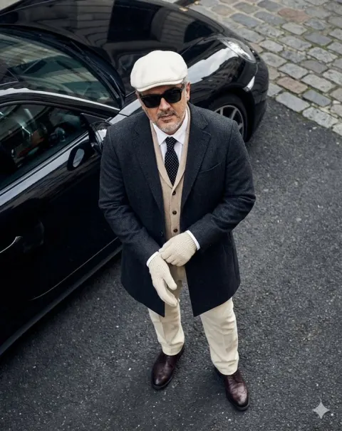 High-angle bird's eye view of a stylish man and luxury car