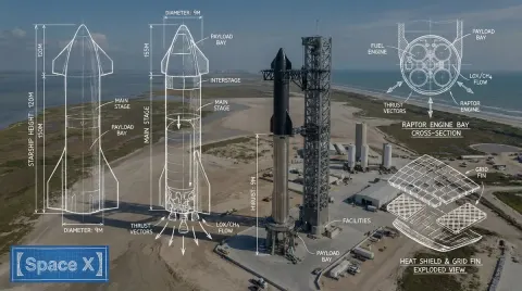 High-Angle Wide-Angle Realistic Photo of [Space X] with Technical Diagrams