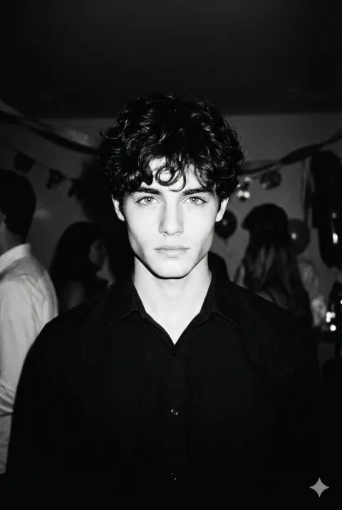 High-contrast black and white photo, dark academia bad boy