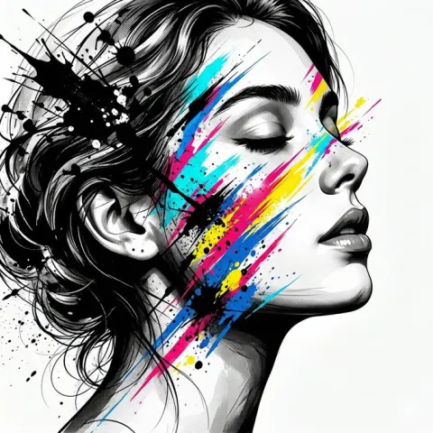 High Contrast Black and White Portrait with Colorful Paint Splashes