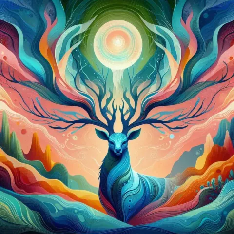 Luminous Antlered Deer in Dreamlike Landscape
