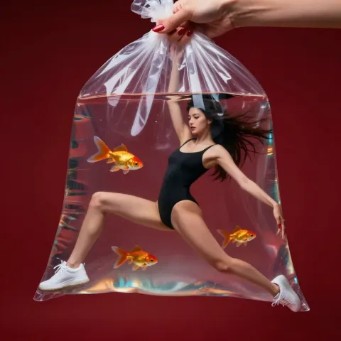 High-End Glossy Surreal Fashion Photograph of a Woman Floating in a Giant Transparent Plastic Water Bag