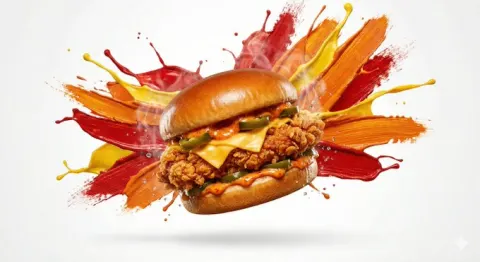 High-energy advertisement of [FOOD] with bold paint-like color splashes frozen mid-motion