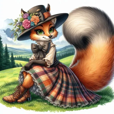 Stylized Fox in Flowered Hat Illustration