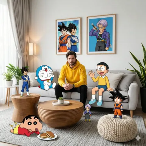 High-fidelity wide-angle interior shot of a surreal mixed-media composition in a modern living room