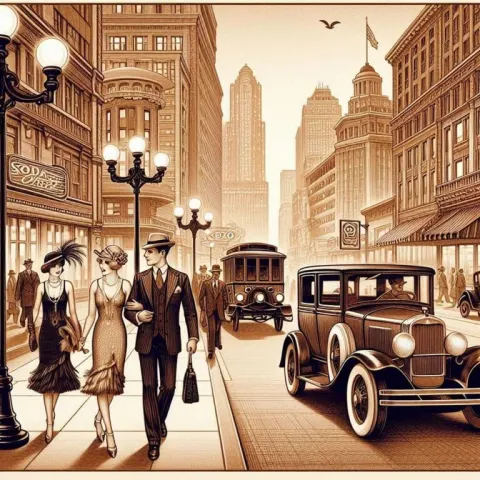 Vintage 1920s City Street Illustration