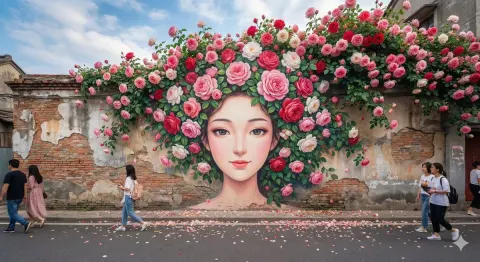 High-resolution Street Art with Chinese Style, Dreamy Street Scene with Cartoon Female and Rose Crown