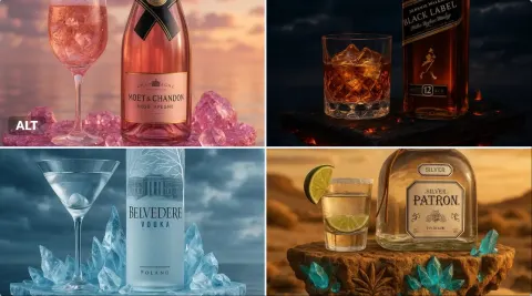 Highly Detailed Cinematic Advertisement Scene Featuring [TYPE OF ALCOHOL, BRAND]