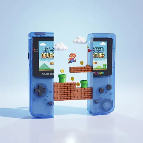 Highly Polished 3D Render of Classic Handheld Game Console with Floating Platform World