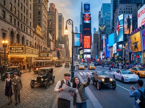Horizontal Split-Screen Cinematic Shot of Times Square, New York in the 1920s and Present Day