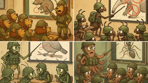 Humorous Cartoon Scene of Insect Soldiers in Military Classroom