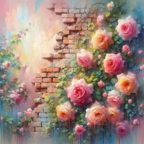 Vibrant Roses on Broken Brick Wall