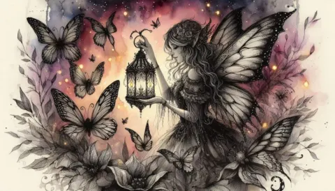 Gothic fairy with lantern and butterflies