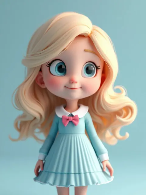 3D Cartoon Girl in Light Blue Dress