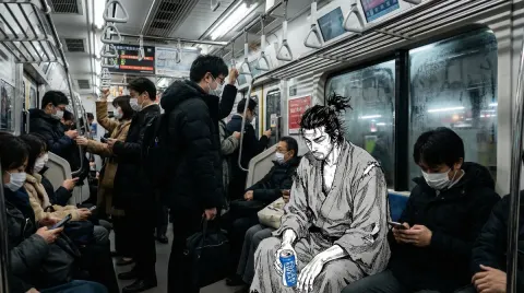 Hyper-realistic Photograph of a Tired Samurai in a Crowded Tokyo Subway