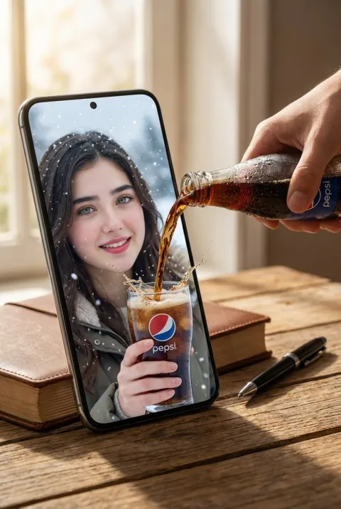 Hyper-Realistic Surreal Phone and Pepsi Interaction Scene