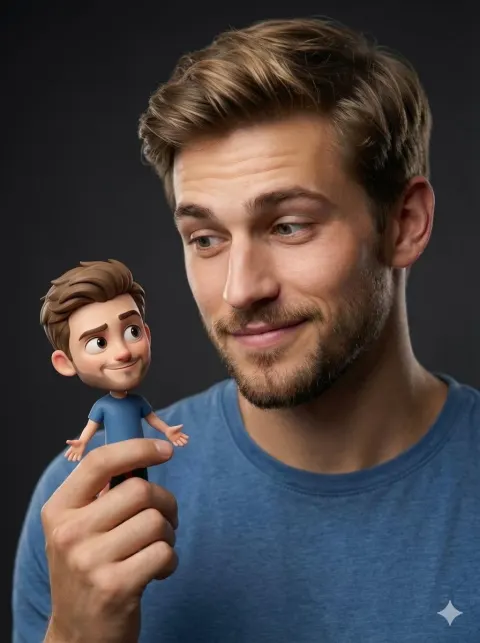 Hyperrealistic Portrait with 3D Cartoon Miniature