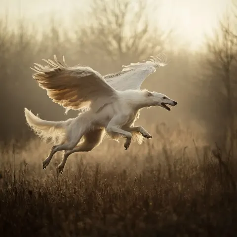 Eagle-Feathered Greyhound Running in Fog