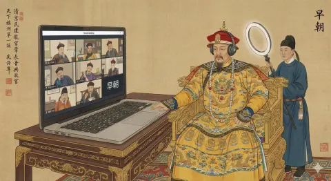 Imperial Qing Dynasty Painting Style with Modern Elements: The Emperor in a 'Tencent Meeting'