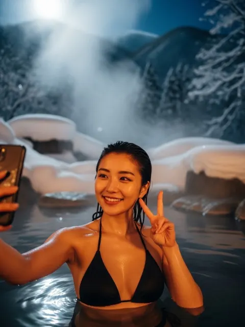 Japanese Influencer Selfie in Hot Spring