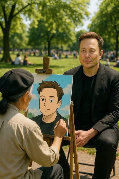 Japanese painter sketching Musk, realistic vs Ghibli anime contrast