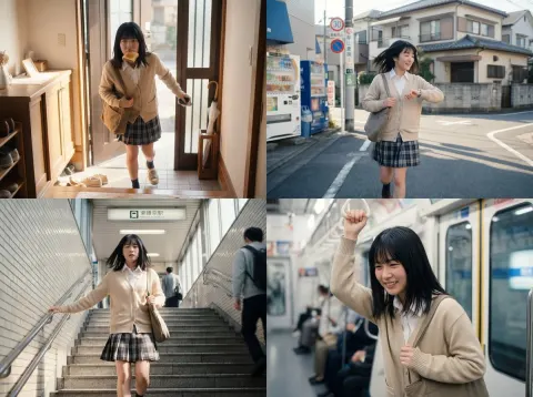 Japanese Youth Film Style Four-Panel Commuting Scene