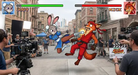 Judy and Nick from Zootopia in a Street Fighter Style Battle on Movie Set