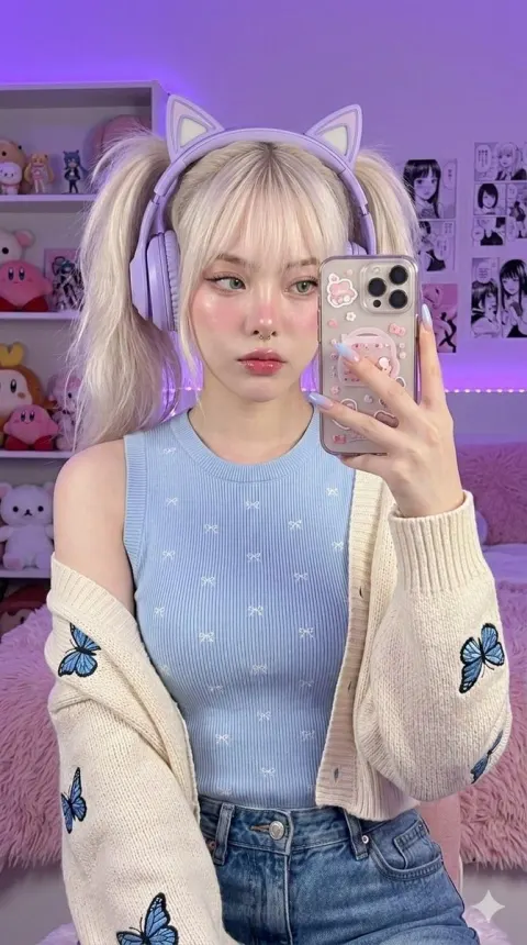 Kawaii Gamer Girl Mirror Selfie in Cozy Pastel Bedroom