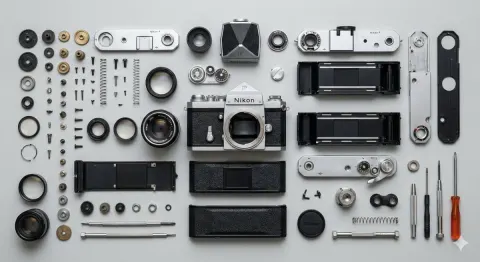 Knolling Photography of Vintage Film Camera Disassembly