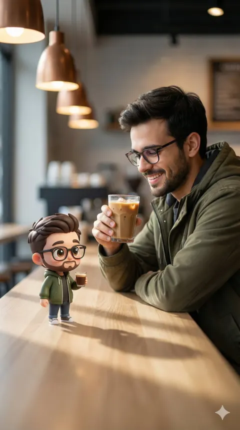 Man and 3D Chibi in Modern Café