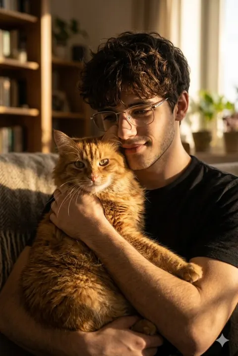 Man Embracing Ginger Cat Portrait