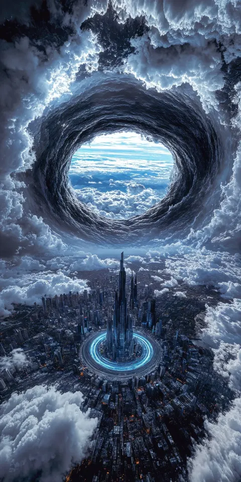 Massive Spiral Vortex Above Futuristic City Symbolizes AI Breakthrough