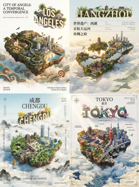 Micro Island City Digital Art Poster