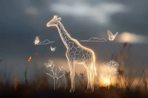 Minimalist Children's Drawing Style [Subject], with Thick White Lines and Glowing Contours