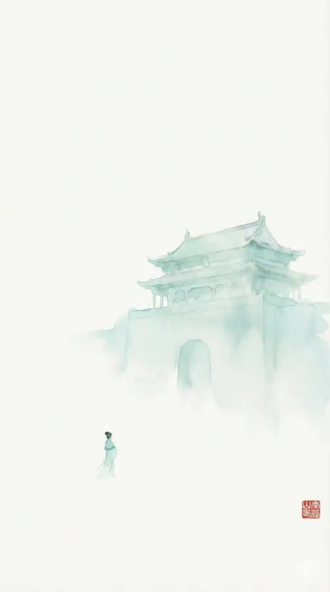 Minimalist Song Dynasty Wide-Angle Painting with Ethereal Jade Green Dancers