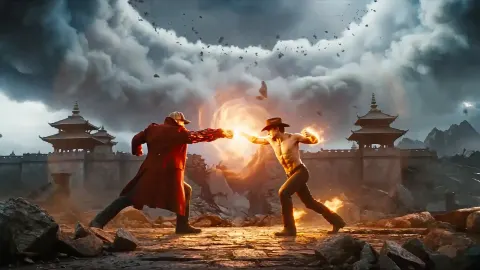 Modern Fantasy Action Movie Scene: Epic Collision of Lava and Flame Elements
