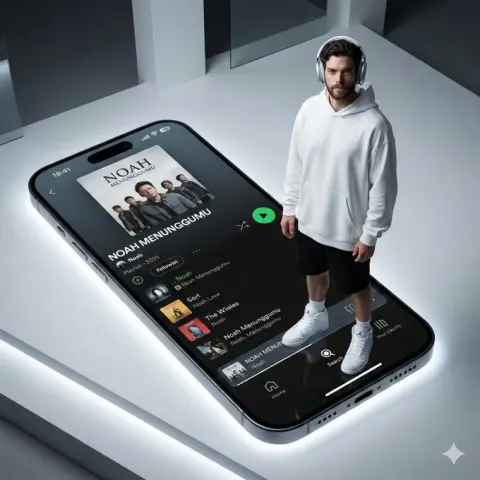 Modern Photo of Woman Standing on Giant iPhone 16 Screen