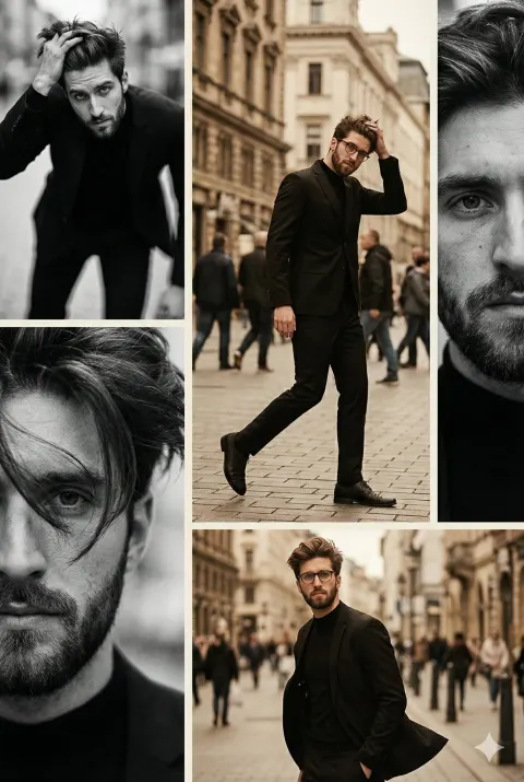 Moody Vintage Fashion Editorial as Vertical Collage of Black-and-White and Warm Desaturated Color Photography