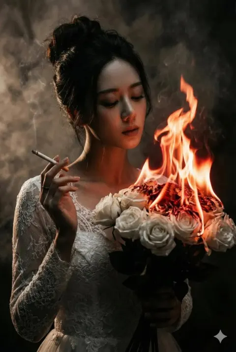 Mysterious Bride with Burning Roses Cinematic Portrait