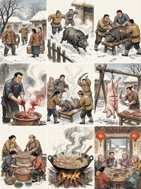 New Chinese Ink Wash Style Rural Pig Slaughter Scene 3x3 Grid Illustration