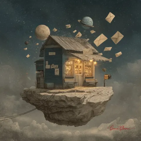 Old-Fashioned Postal Shack Floating on Space Rock