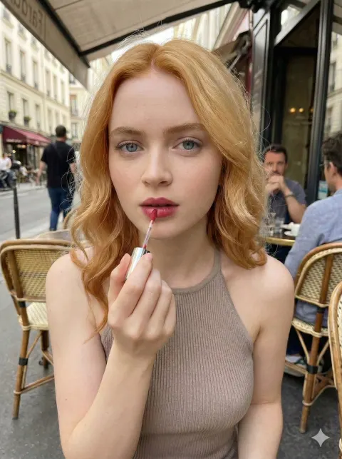 Outdoor Cafe Beauty Portrait, Blonde Woman Applying Lip Gloss