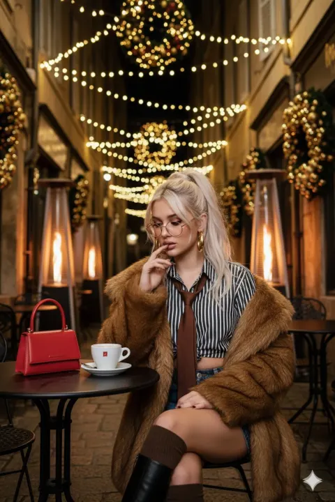 Pensive Woman in European Christmas Alleyway