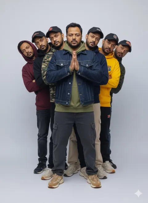 Photorealistic Central Man with Six Clones in Symmetrical Composition