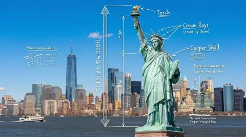 Photorealistic Wide-Angle Landscape of the Statue of Liberty with Augmented Reality Overlay