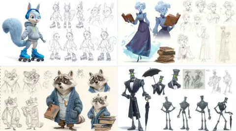 Pixar-style Character Sheet with Multiple Poses and Expressions