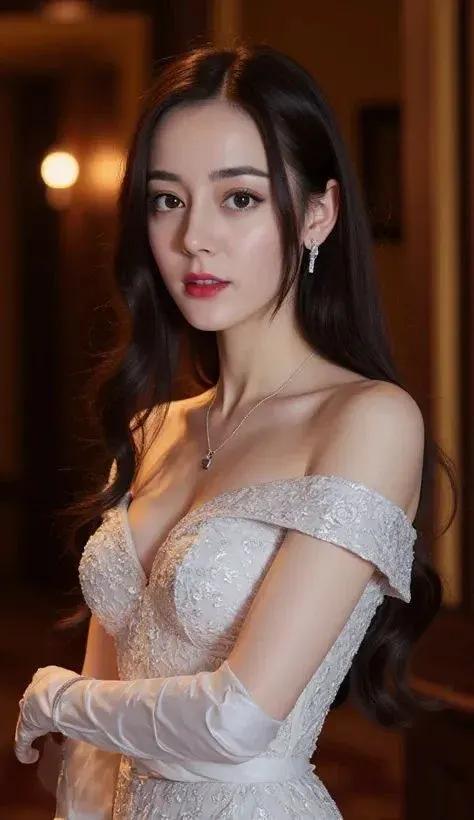 Portrait of a Woman in a White Off-the-Shoulder Wedding Dress with Lace Details